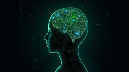 Abstract green digital profile of a human head with circuit board patterns symbolizing artificial intelligence and futuristic technology