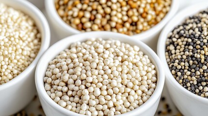 Fototapeta premium Close-up of various types of quinoa seeds in white bowls ingredients food photography