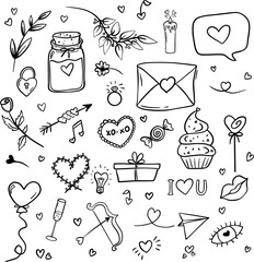 Valentines day doodles set. Love theme simple doodle illustration for design. Wedding elements, hearts, romantic icons. Love clipart, arrows, text, rings, letters, flowers, sweets