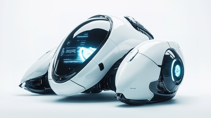 Fototapeta premium A sleek, futuristic robotic vehicle with a smooth, white exterior and glowing blue accents, showcasing advanced technology and design.