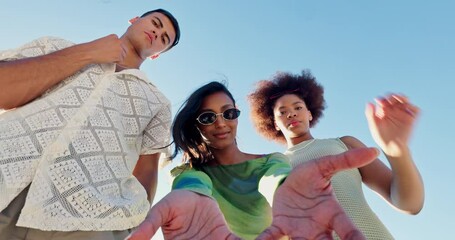 Trendy, sky and friends with fashion, face and cool for content creation and influencer. Low angle, vlog and confident with outfit, travel and vacation for social media, summer and people on holiday