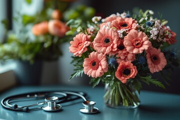 Obraz premium A heartfelt thank-you card with stethoscopes and flowers on a table, honoring nurses. Generative AI