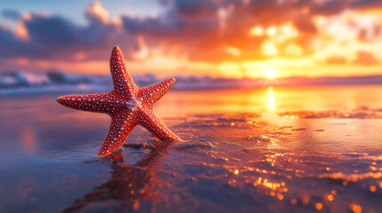 Fototapeta na wymiar Orange starfish on a sandy beach at sunset. A vibrant orange starfish rests on the wet sand at the edge of the ocean at sunset.