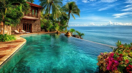 A luxurious infinity pool overlooking the ocean, surrounded by lush greenery and vibrant flowers.