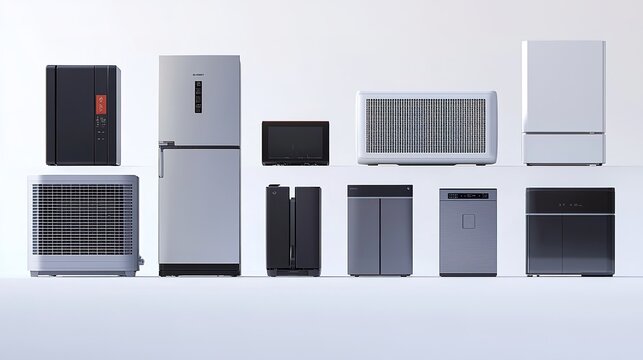 A collection of modern kitchen appliances including refrigerators, microwaves, and an air conditioner, showcasing various designs and finishes.