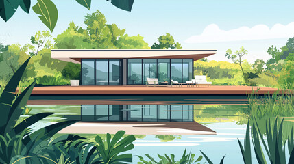 Modern lakeside house with glass walls and wooden deck surrounded by greenery.
