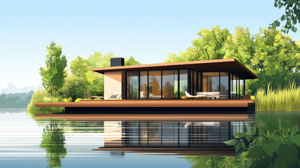 Modern lakeside house with glass walls and wooden deck surrounded by greenery.