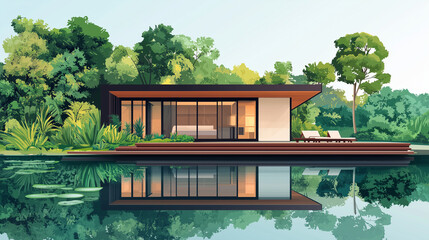 Modern lakeside house with glass walls and wooden deck surrounded by greenery.