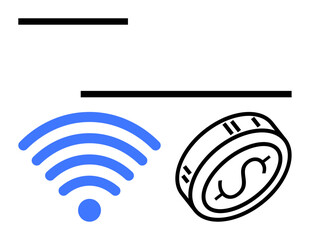 wireless signal in blue and black coin icon with dollar sign, connected by black lines. Ideal for fintech, digital economy, online transactions, technology solutions, internet services, financial