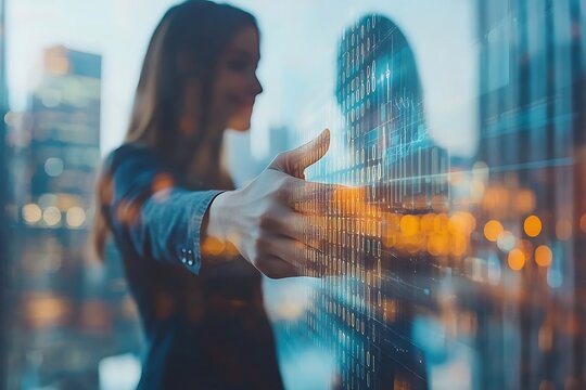 Woman Touching AI Data Visualization in City