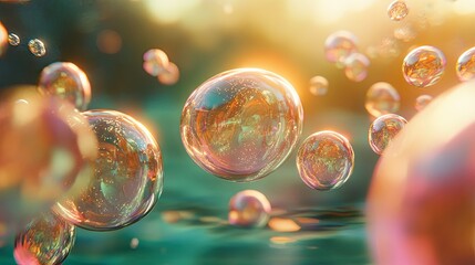 Close-up of large and small air bubbles suspended in water, reflecting light in a dreamy underwater setting