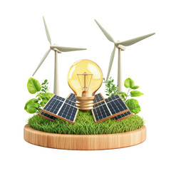 Bright light bulb surrounded by solar panels and wind turbines on green grass symbolizes renewable energy and sustainability. isolated on transparent background