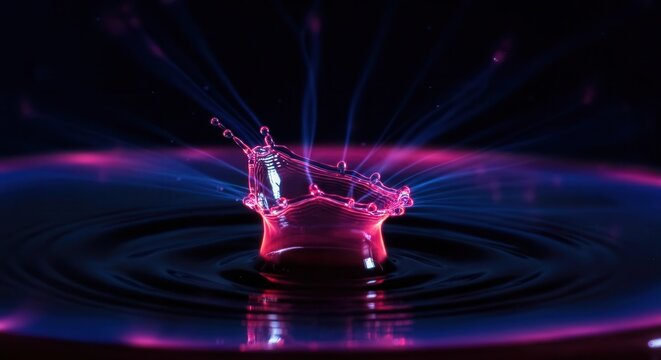 Vibrant water drop collision with neon illumination