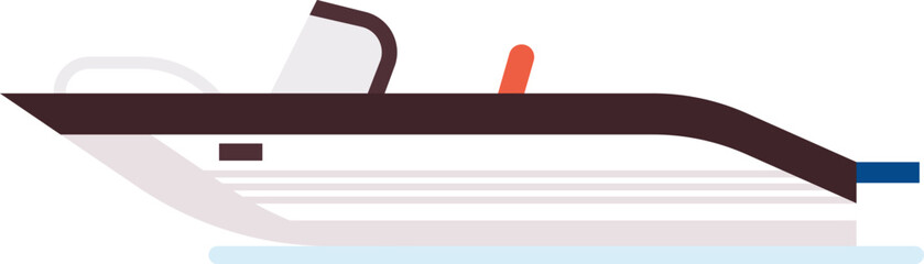 Minimalist vector illustration of a speedboat sailing on water, featuring a windshield, red buoy, and dark hull, ideal for representing concepts of leisure, travel, and marine transport