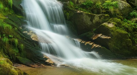 Serene waterfall cascade in lush green