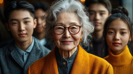 Fototapeta premium Elderly woman surrounded by young adults, celebrating intergenerational connection and diversity