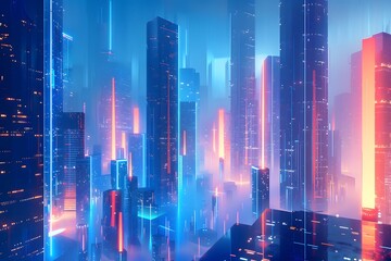 Fototapeta premium Futuristic Cityscape with Neon Lights and Misty Atmosphere