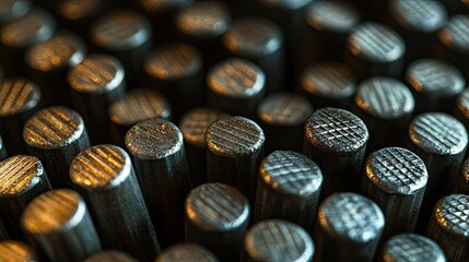 Close-up of the textured heads of nails, emphasizing industrial precision and detail