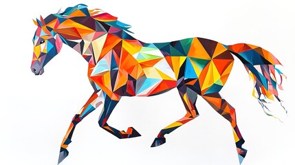 Obraz premium A vibrant, abstract depiction of a horse, composed of colorful geometric shapes, showcasing a dynamic sense of movement and artistic flair.