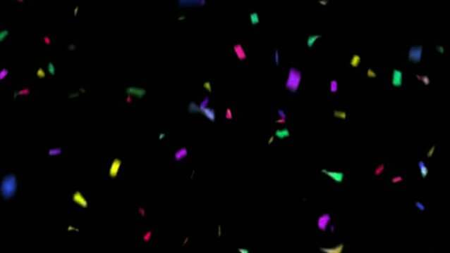Colorful confetti pieces scattered on a dark black background. seamless looping time-lapse 4K video background