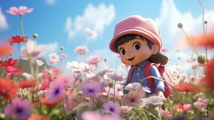A photo of a 3D character inspecting a field of blooming flower