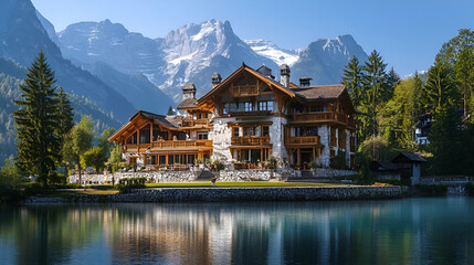 Obraz premium Historic Stone Alpine Chalet with Mountain Lake Views, Traditional St. Moritz Estate with Carved Details