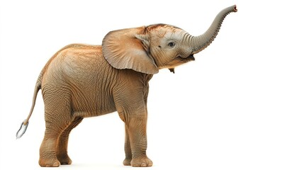 Obraz premium A playful elephant raises its trunk, showcasing its intelligence and curiosity in a vibrant pose against a clean background.
