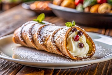 Classic cannoli with creamy filling, dusted with powdered sugar and berries.

