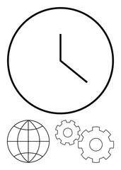 Clock with hour and minute hands, globe with latitude and longitude lines, and two interlocking gears. Ideal for themes of efficiency, productivity, global business, teamwork, project management