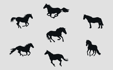 A set of black silhouettes of a sports horse. Vector on black background