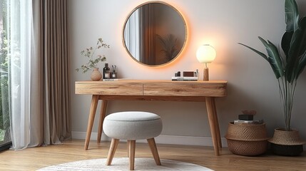 Modern minimalist vanity with round mirror, stool, and warm lighting in a bright bedroom.