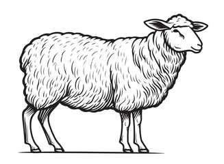 standing sheep in sketch style. Wool, lamb symbol. Farm animal vintage vector illustration