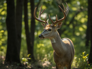 Fototapeta premium Whitetail Deer Buck in velvet standing in the woods during summer.