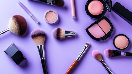 Illustration of various colorful cosmetic products including lipsticks, eyeshadow palettes, and blush brushes, neatly arranged on a marble table. Ai generated image