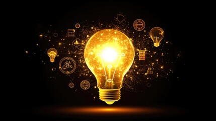 A glowing yellow bulb amidst a dark minimalist background with floating icons of success and business targets, symbolizing innovative ideas for 2025.