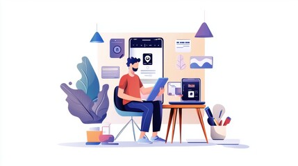 Innovative marketing poster design for smartphone launch in a creative home office space