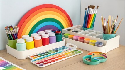Obraz premium Containers filled with paints brushes and other mediums are sorted by color creating a rainbow effect that adds a playful touch while serving as a practical organizational