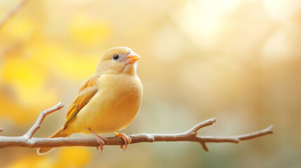 Obraz premium Happy yellow bird perched on a sunlit branch in an aviary, singing joyfully