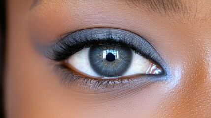 Obraz premium A vibrant gray eye of a mixed-race individual in close-up, with unique tonal blends and crisp contrasts
