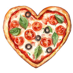 Watercolor isolated illustration of heart-shaped pizza