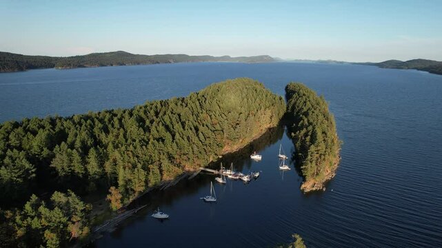 Aerial video of Princess Bay, Wallace Island Marine Provincial Park, Gulf Islands, British Columbia, Canada.