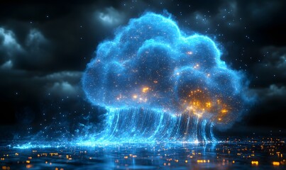 Obraz premium 3D cloud made of circuit board, glowing blue data flowing out from the clouds, black background, 