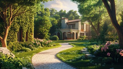 A serene garden pathway leading to a beautiful house amidst lush greenery and flowers.