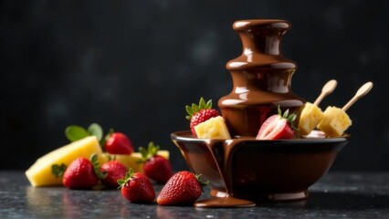 Chocolate fondue, chocolate fountain, strawberries, pineapple. Place for text. Celebrating Valentine's Day