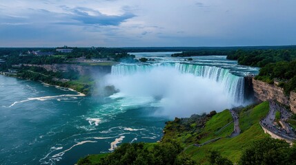 Fototapeta premium A waterfall is seen in the distance with a green forest in the background