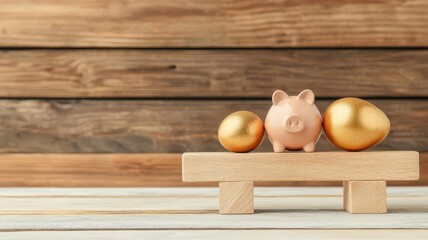 Saving money concept. A piggy bank with golden eggs, symbolizing savings and investment on a rustic wooden background.