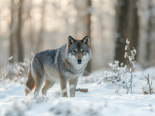 Fototapeta premium Portrait of a wild wolf in the winter forest. Wildlife scene from nature.