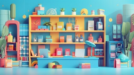 Colorful shelves filled with various products in a bright room.