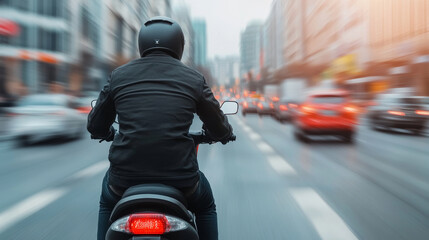 Courier riding electric scooter through busy city traffic, experiencing urban mobility and facing daily commute challenges
