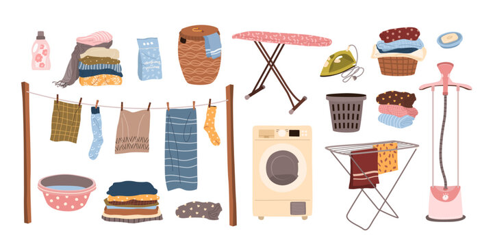 Laundry set. Isolated housework elements for cleaning, washing and ironing. Clothes, washing machine, softener, clothes steamer, drying rack, powder detergent, ironing board. Vector illustrations.